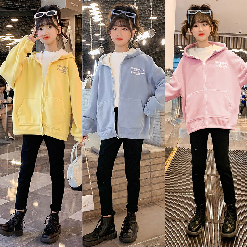 Girls winter clothes 2024 new double-sided fleece warm polar fleece thickened plush cardigan jacket hooded sports style