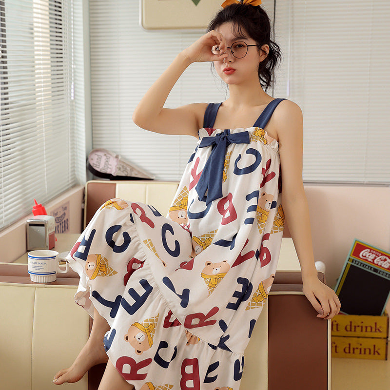 Summer cool suspender nightdress cute and sweet mid-length style with chest pad princess style students can wear home clothes