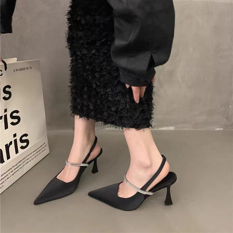 高跟凉鞋high heels包头高跟鞋女夏季法式尖头简约细跟黑色大码