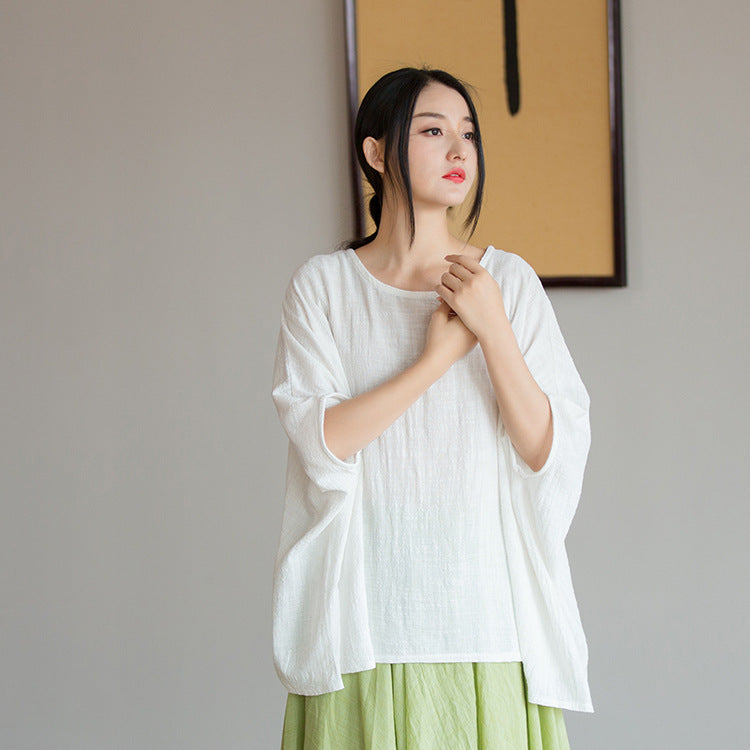 23 spring and summer cotton and linen women's new design sense of bamboo linen light and artistic loose bat sleeve women's sunscreen T-shirt 