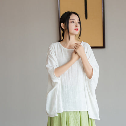23 spring and summer cotton and linen women's new design sense of bamboo linen light and artistic loose bat sleeve women's sunscreen T-shirt 