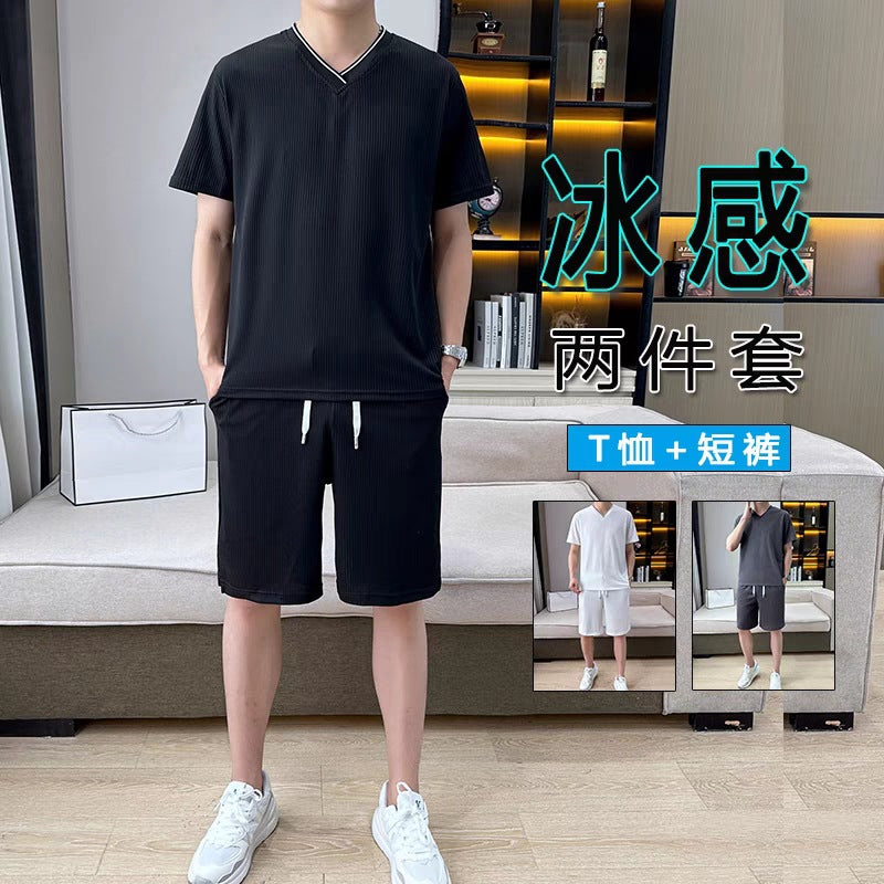 冰丝休闲运动套装男士夏季新款V领短袖t恤短裤潮牌男装搭配两件套