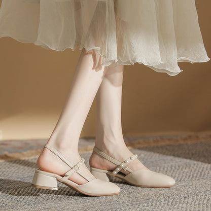 2023 new summer Baotou sandals women's chunky heel fairy style French pearl mid-heel temperament Mary Jane single shoes 