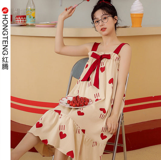 Summer cool suspender nightdress cute and sweet mid-length style with chest pad princess style students can wear home clothes