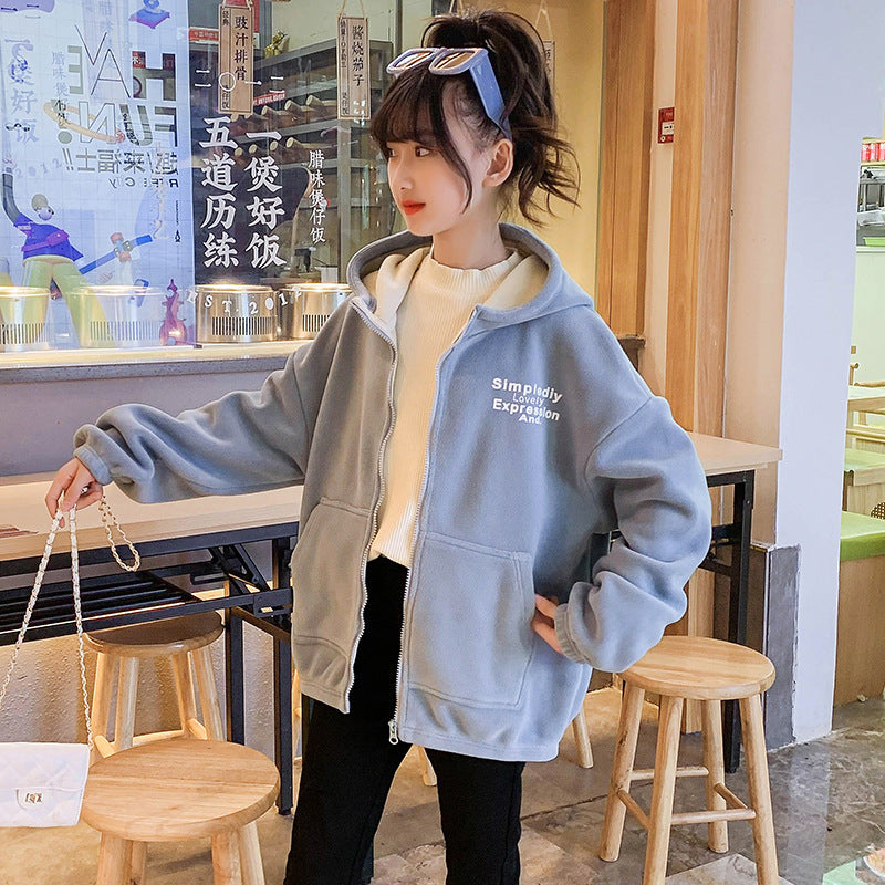 Girls winter clothes 2024 new double-sided fleece warm polar fleece thickened plush cardigan jacket hooded sports style