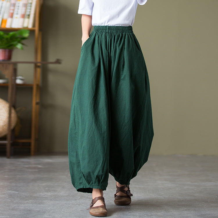 23 spring and summer cotton and linen women's new products sand-washed linen bloomers women's elastic waist loose casual pants nine-point pants 