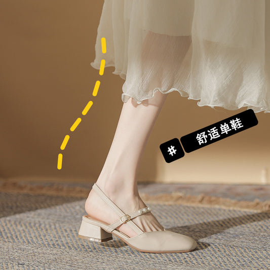 2023 new summer Baotou sandals women's chunky heel fairy style French pearl mid-heel temperament Mary Jane single shoes 