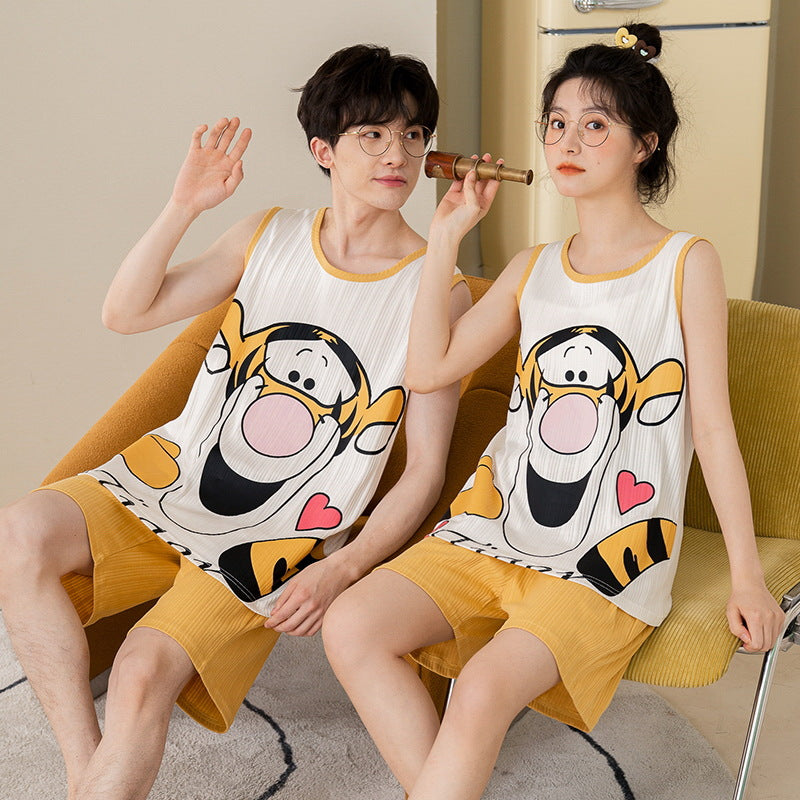 [Strictly Selected] Summer Knitted Cotton Couple Pajamas Women's Vest Shorts Thin Section Casual Men's and Women's Homewear Set