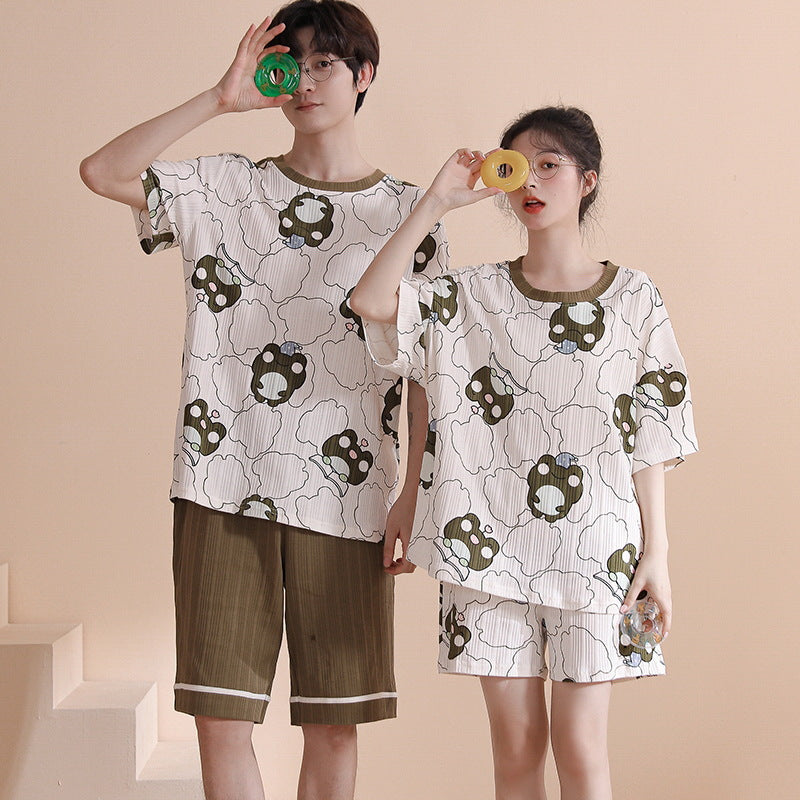 Summer couple pajamas female cute pullover short-sleeved knitted cotton casual men's shorts suit can be worn outside home clothes