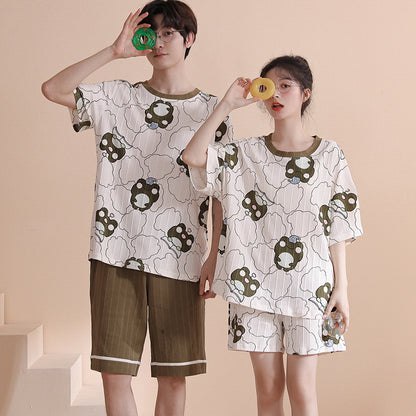 Summer couple pajamas female cute pullover short-sleeved knitted cotton casual men's shorts suit can be worn outside home clothes