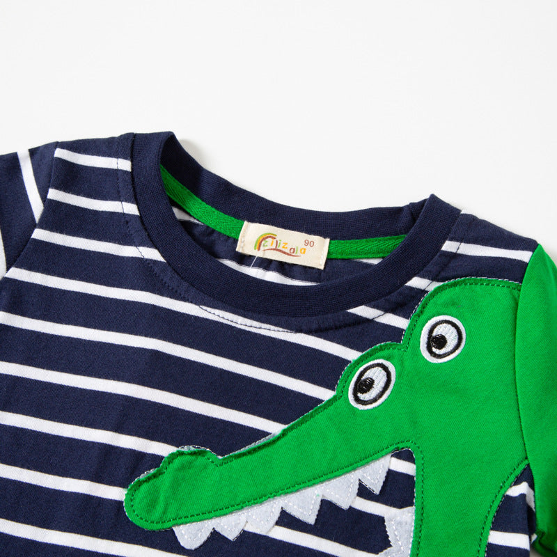 2024 new children's spring and autumn baby striped tops pure cotton fake two-piece cartoon children's clothing manufacturers one piece dropshipping 