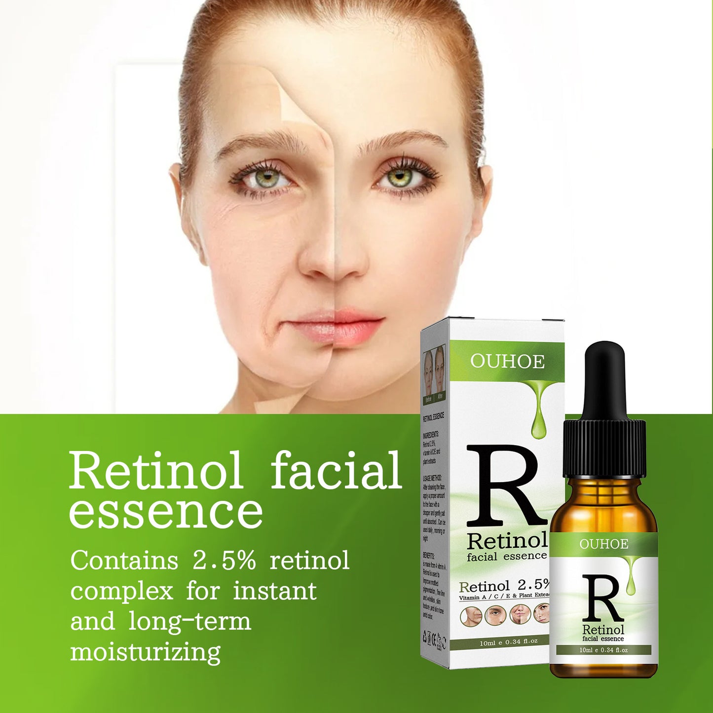 OUHOE Retinol Essence fades nasolabial folds, fine lines around eyes, facial anti-wrinkle, firming, brightening and smoothing skin.