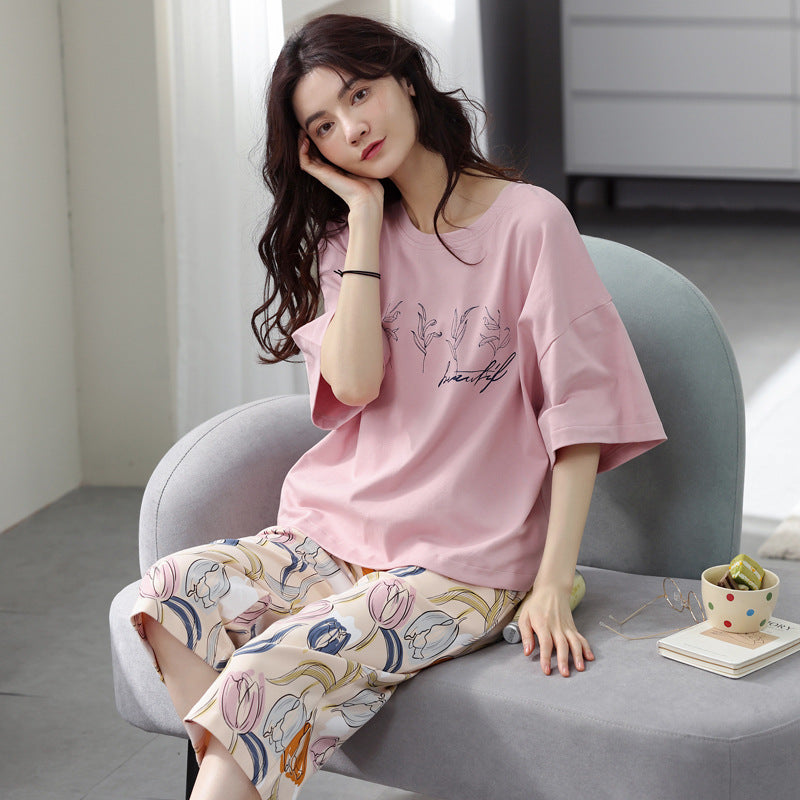 Pajamas women's summer short-sleeved cropped pants dignified and comfortable cotton large size pajamas pullover mother can wear home clothes