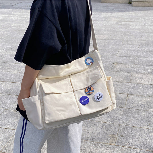 Literary youth shoulder bag ins versatile large-capacity canvas bag summer college student class bag crossbody bag women's bag 