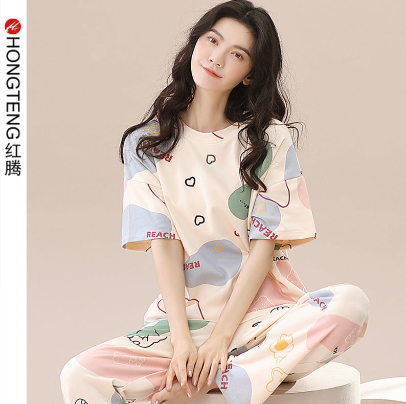 New 2023 summer pajamas women's pure cotton short-sleeved breathable sweet women's leisure can be worn outside home service suit thin