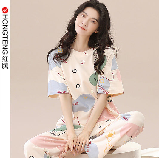 New 2023 summer pajamas women's pure cotton short-sleeved breathable sweet women's leisure can be worn outside home service suit thin
