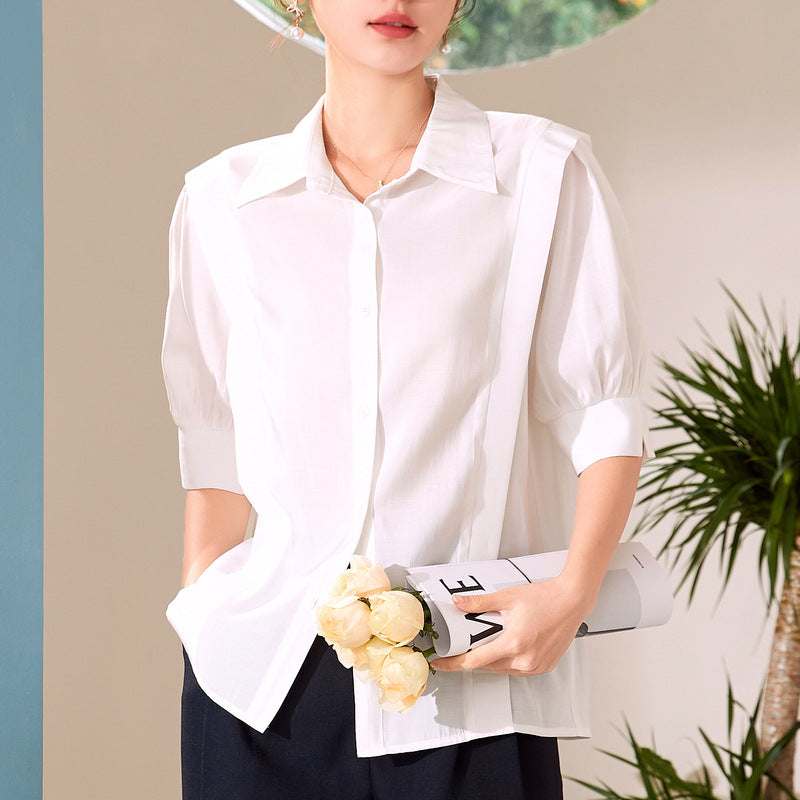 Baizi short-sleeved commuter white shirt women 2023 summer new Korean version all-match urban OL lapel shirt women's clothing 