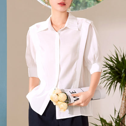 Baizi short-sleeved commuter white shirt women 2023 summer new Korean version all-match urban OL lapel shirt women's clothing 