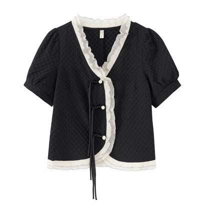 Large size women's fat mm new Chinese style retro buckle shirt 2023 summer new temperament commuter v-neck top 18235 