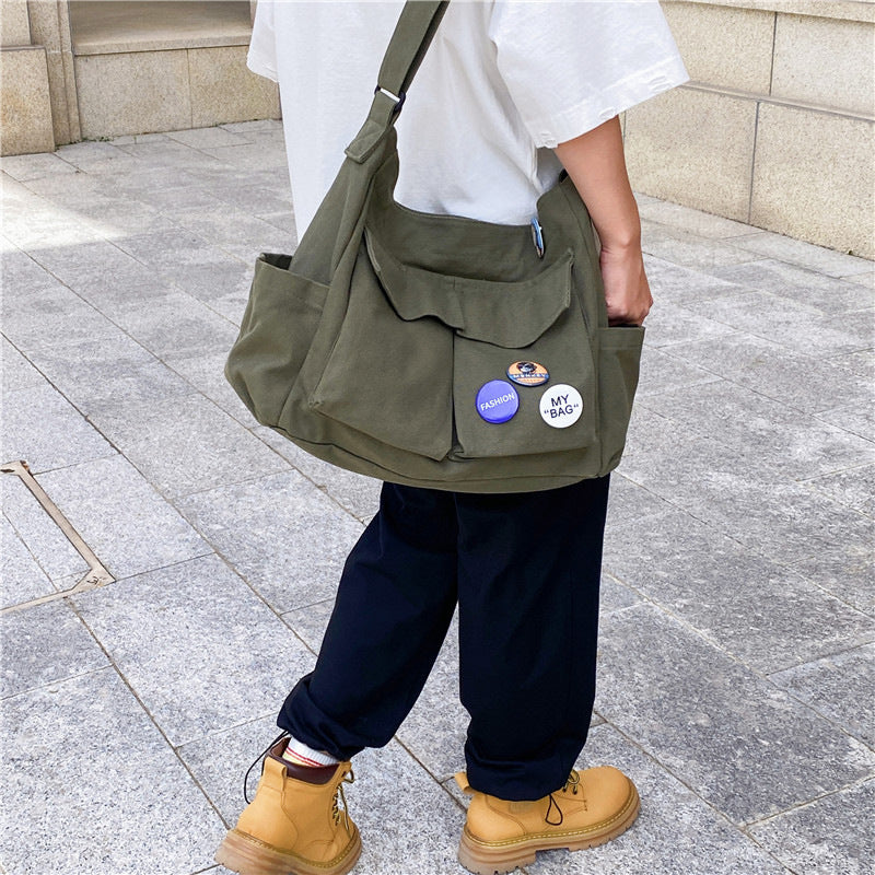 Literary youth shoulder bag ins versatile large-capacity canvas bag summer college student class bag crossbody bag women's bag 