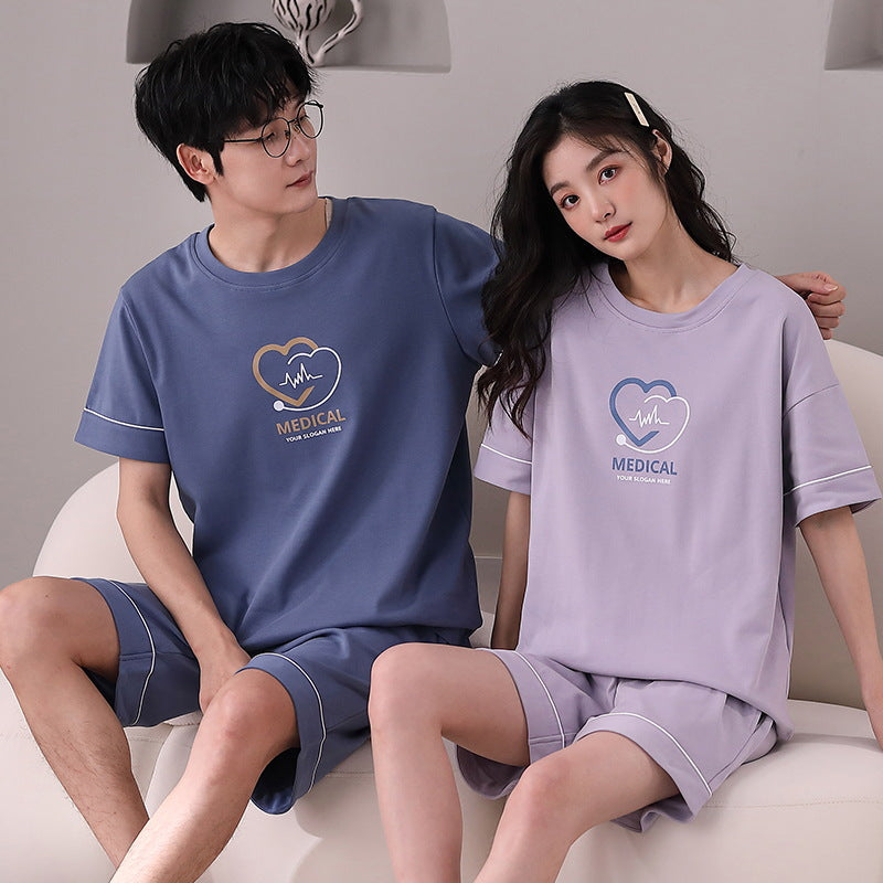 Summer short-sleeved couple pajamas women's simple high-grade cotton pullover shorts men's comfortable and wearable home service suits
