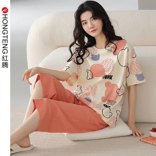 New cotton pajamas women's summer short-sleeved cropped pants Korean version casual summer thin section can be worn outside home service suit