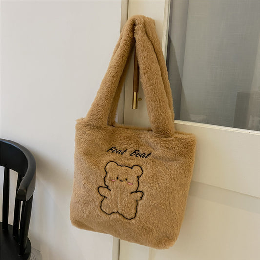 Autumn and winter new plush tote bag ins Japanese bear large capacity shoulder bag versatile student class hand bag 