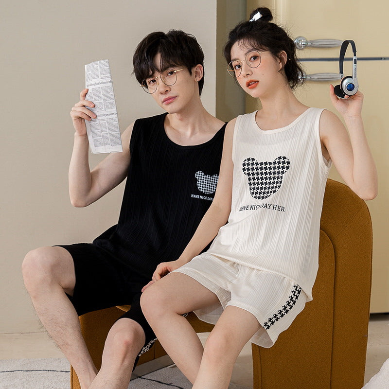 [Strictly Selected] Summer Knitted Cotton Couple Pajamas Women's Vest Shorts Thin Section Casual Men's and Women's Homewear Set