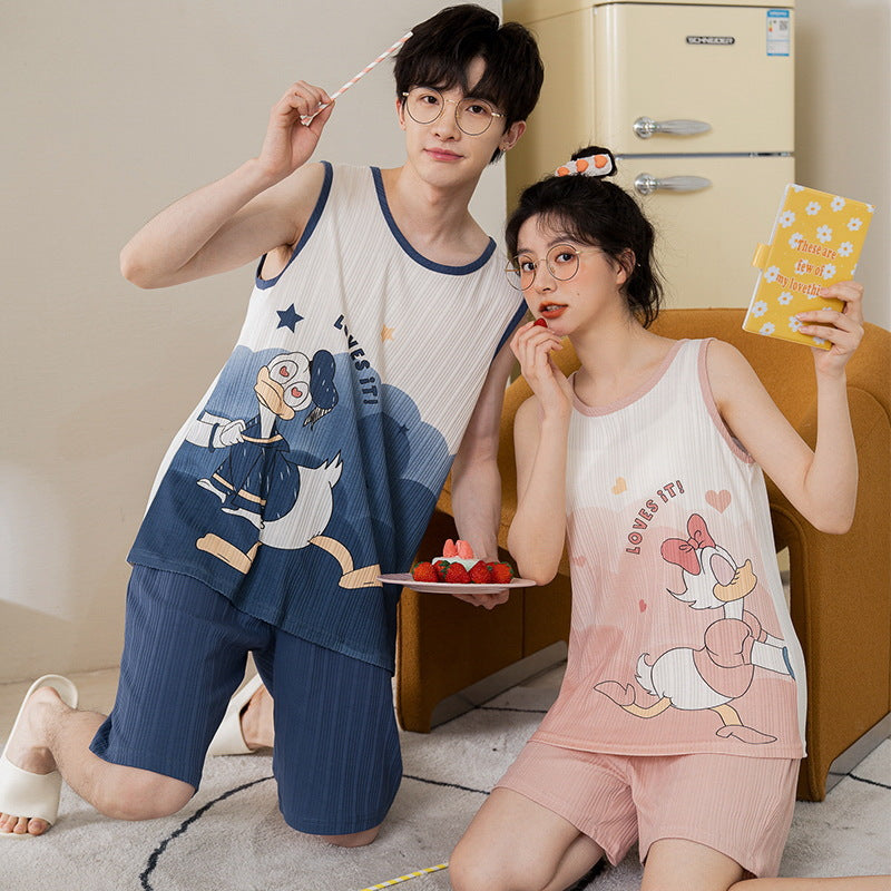[Strictly Selected] Summer Knitted Cotton Couple Pajamas Women's Vest Shorts Thin Section Casual Men's and Women's Homewear Set