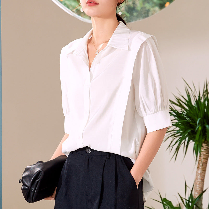 Baizi short-sleeved commuter white shirt women 2023 summer new Korean version all-match urban OL lapel shirt women's clothing 