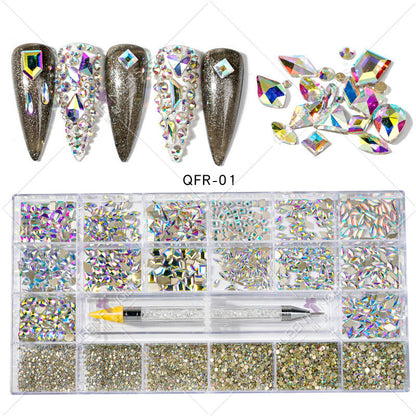 Nail Art Diamond Jewelry 21 Grids Flat Bottom Special Shaped Diamond Size Mixed Nail Art Diamond Special Shaped Glass Diamond DIY Accessories Set 