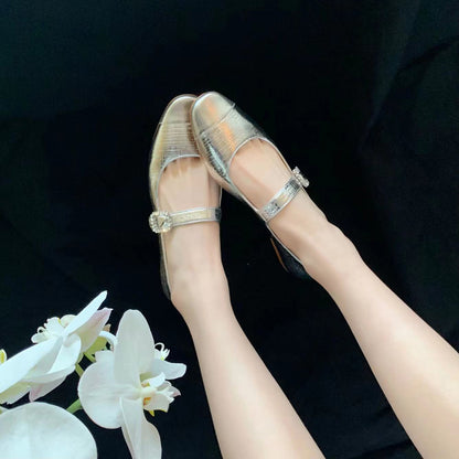 葡萄妈studiolee 方圆头纹理感一字带中粗跟单鞋钻扣玛丽珍鞋女
