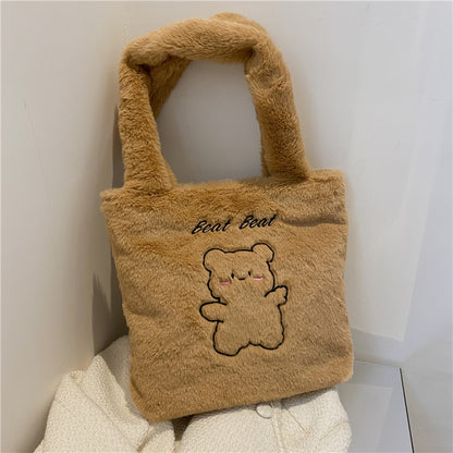 Autumn and winter new plush tote bag ins Japanese bear large capacity shoulder bag versatile student class hand bag 