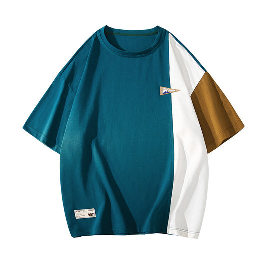 Summer trendy brand heavy casual fit bottoming shirt couple wear short-sleeved top 2023 Japanese color matching T-shirt men