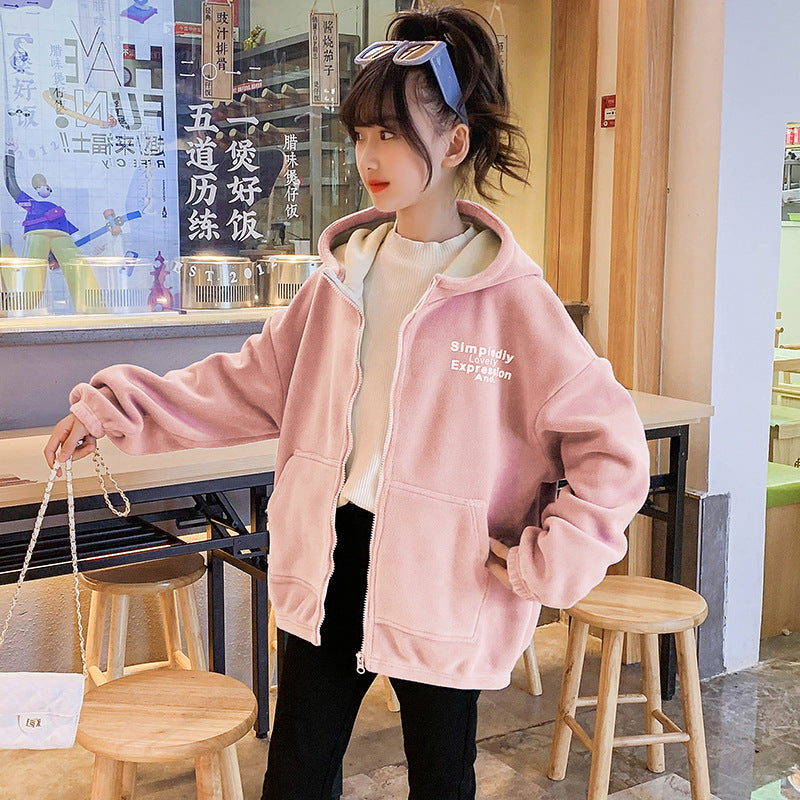 Girls winter clothes 2024 new double-sided fleece warm polar fleece thickened plush cardigan jacket hooded sports style