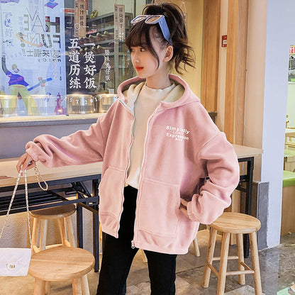 Girls winter clothes 2024 new double-sided fleece warm polar fleece thickened plush cardigan jacket hooded sports style
