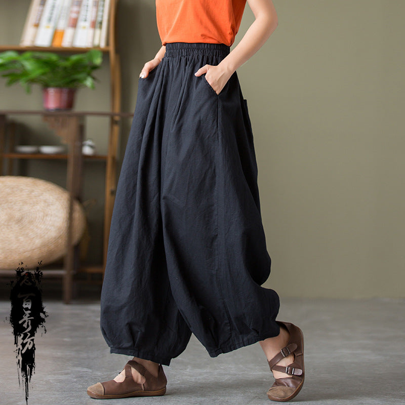 23 spring and summer cotton and linen women's new products sand-washed linen bloomers women's elastic waist loose casual pants nine-point pants 