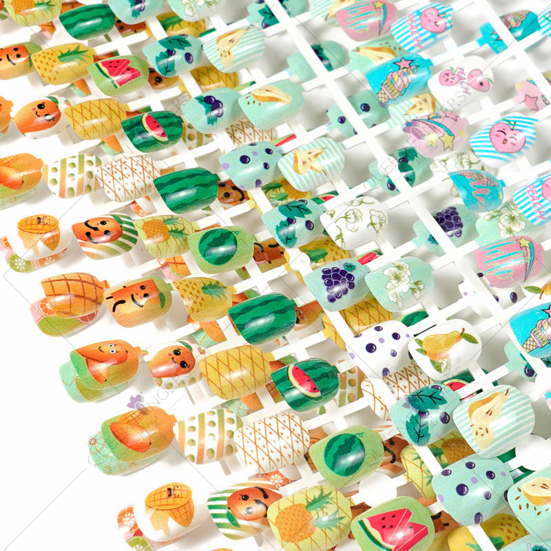 Fingernail Manicure Summer Fruit Series Children's Fake Nails 24 Pieces Strip Cartoon Full Sticker Removable Nail Art Pieces