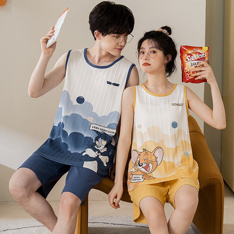 [Strictly Selected] Summer Knitted Cotton Couple Pajamas Women's Vest Shorts Thin Section Casual Men's and Women's Homewear Set