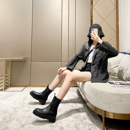 牛皮切尔西靴中筒靴女靴真皮2023秋冬新款厚底烟筒靴英伦风靴子女