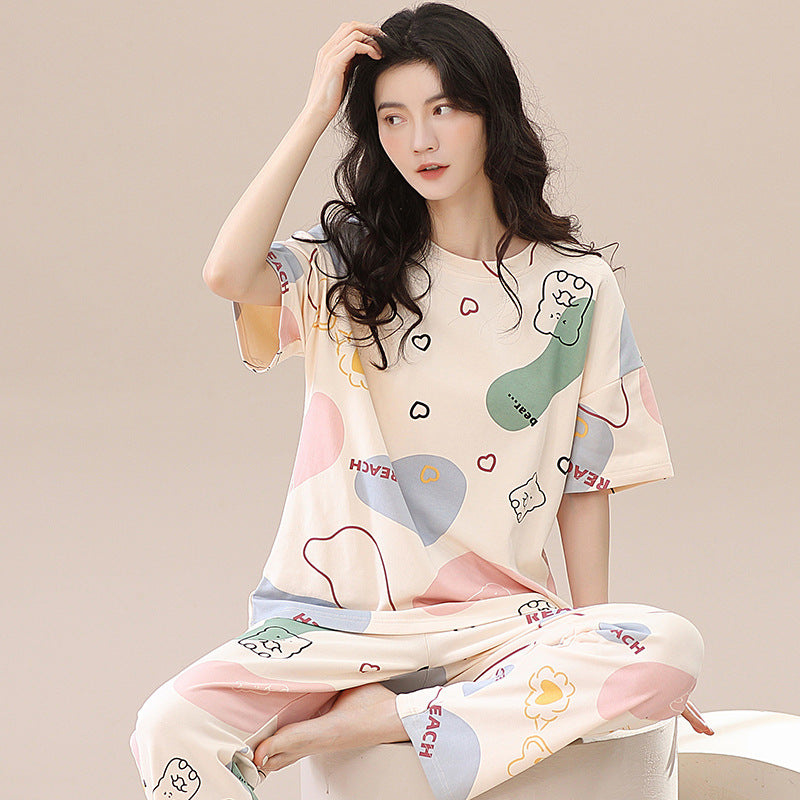 New 2023 summer pajamas women's pure cotton short-sleeved breathable sweet women's leisure can be worn outside home service suit thin