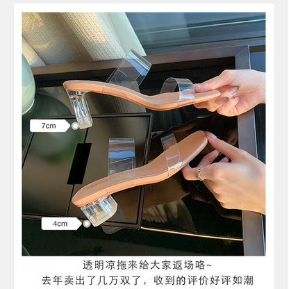 葡萄妈Studiolee 气质仙女高跟方头粗跟增高透明水晶凉拖鞋女夏天