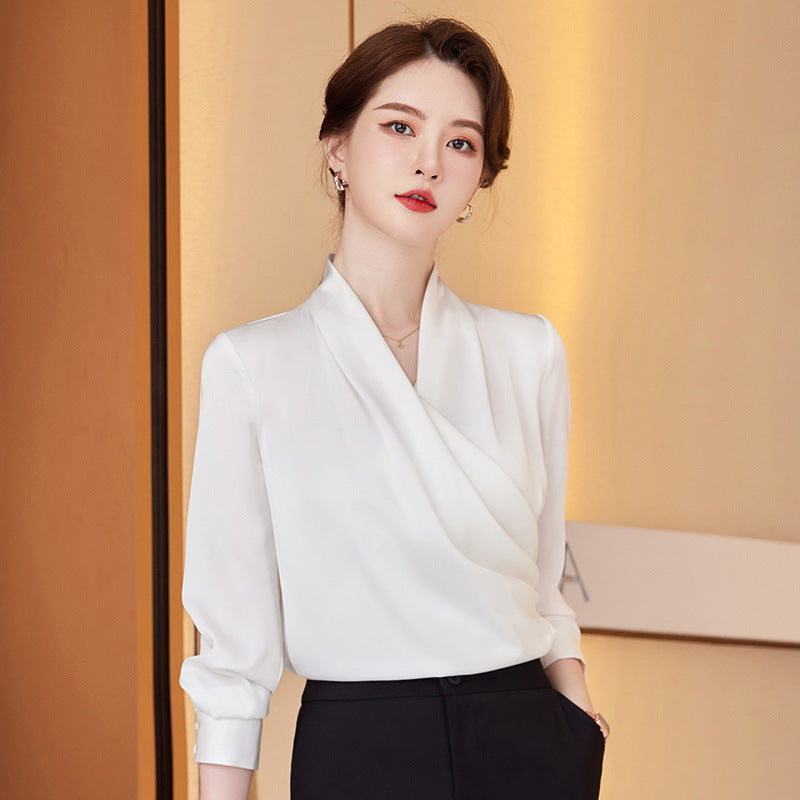 2022秋装新品长袖V领白衬衫女职业装缎面雪纺衫衬衣女上衣打底衫