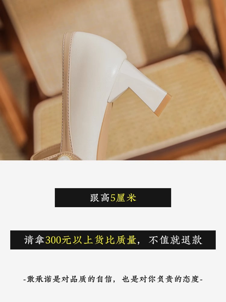 法式春季高跟鞋浅口白色方头气质旗袍单鞋女粗跟晚风玛丽珍伴娘鞋