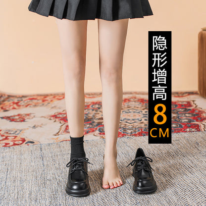 黑色厚底增高系带小皮鞋女2023年春秋季新款复古英伦风软皮乐福鞋