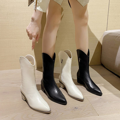 网红西部牛仔骑士靴女2023时尚皮质中筒靴粗跟时装女靴显瘦欧美风
