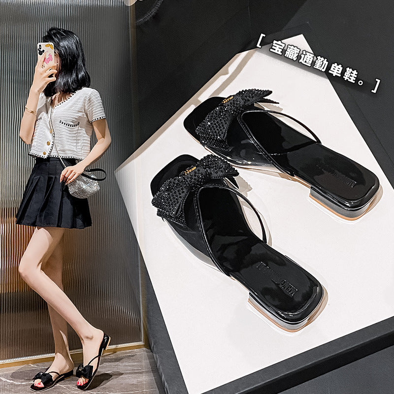 [sheii Su Yinyin] Spot square head transparent pvc rhinestone bow 2023 summer thick heel slippers female sandals 