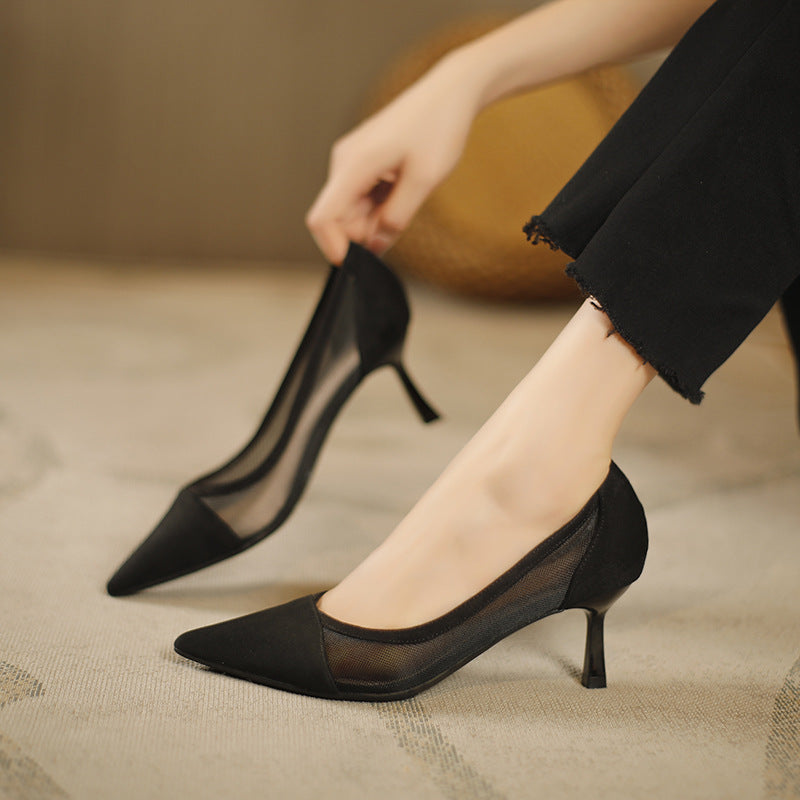 100-2 breathable mesh lace slip-on shoes European and American pointed toe fashion women's shoes simple Baotou high heels 