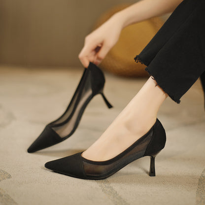 100-2 breathable mesh lace slip-on shoes European and American pointed toe fashion women's shoes simple Baotou high heels 