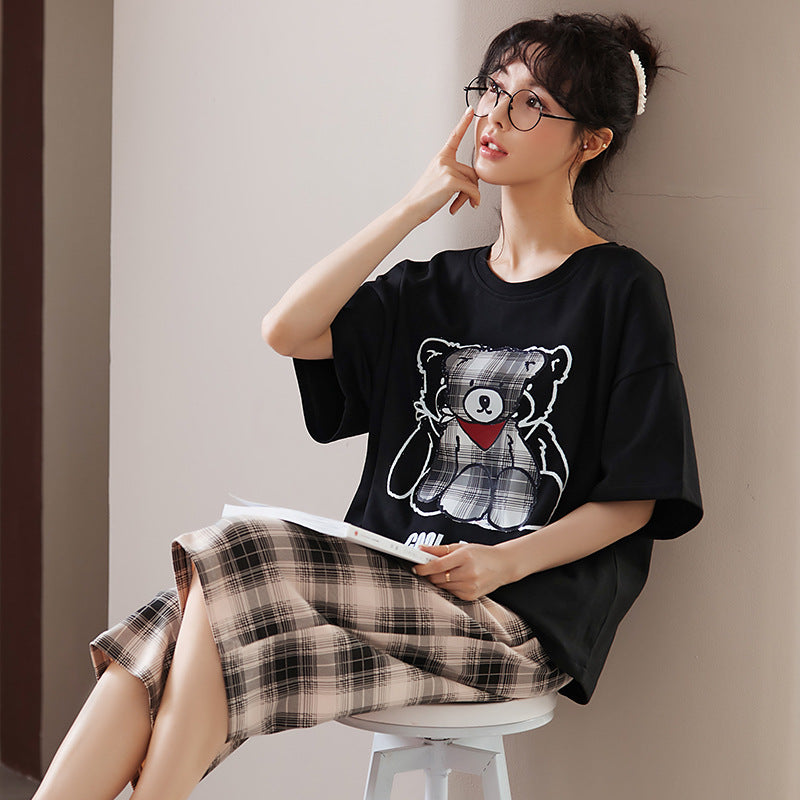 Pajamas women's summer short-sleeved cropped pants dignified and comfortable cotton large size pajamas pullover mother can wear home clothes